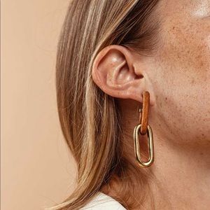 NEW SOKO Capped Link Earrings, Gold & Teak Wood, Never Worn, Brand New.